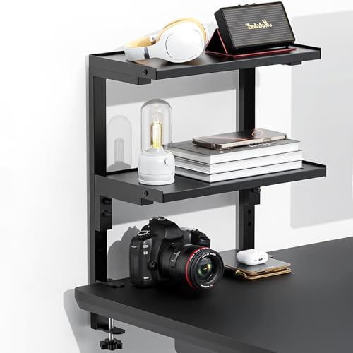 Spacrea 2 Tier Clamp on Desk Shelf | Office Desk Shelves Organizer, Wood Desktop Supplies Storage Rack, Desk Organizers and Accessories (Black)