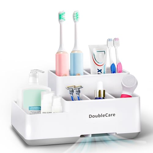 Toothbrush Holder with Anti-Slip, Bathroom Organizer Countertop Detachable | 6 Compartment Multifunctional Storage, Easy Cleaning, Bathroom Caddy for Toothpaste, Shaver,Great for Home, Vanity Organizer