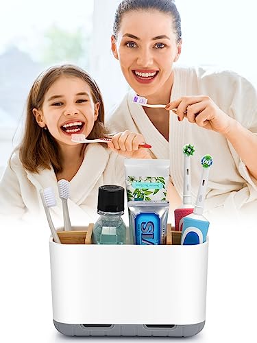 Toothbrush Holders for Bathrooms - Bamboo Divider... (White-l | Bamboo, Plastic)