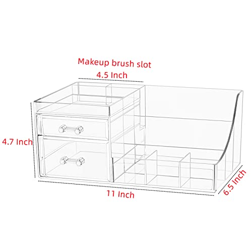 Cq acrylic 1 Pack Clear Skincare Organizer for Vanity,Stackable 2 Drawers Make Up Organizer,Cute Cosmetic Organizer for Vanity Jewelry,Hair Clip,Beauty,Skincare Product Dresser Acrylic Desk Organizer