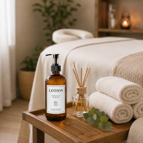 12 Pack 16oz Amber Glass Bottles with Pump Dispensers | Refillable Soap Dispensers for Shampoo, Conditioner, Lotion & Body Wash, Bathroom & Kitchen, Includes 2 Funnels & 12 Labels