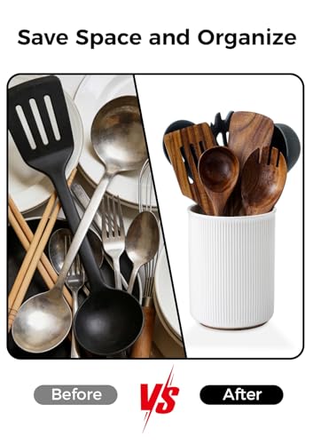 6.7" Utensil Holder, Ceramic Kitchen Utensil Holder with Cork Bottom, Large Utensil Crock for Countertop, Vintage Cooking Tool Organizer Set for Kitchen Counter Decor(White)