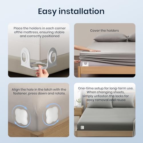 Sheet Holders 4 Pack,Bed Sheet Grippers One-Size-Fits-Most, Bed Sheet Holders for Corners Easy Installation Keeps Fitted Sheet Tight All Night(White)