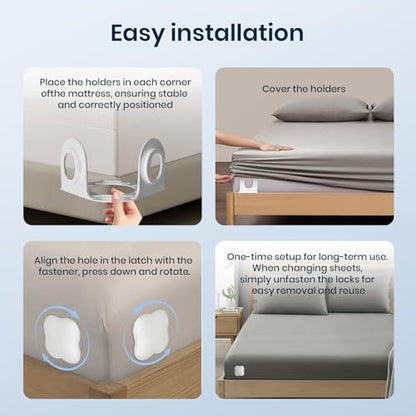 Sheet Holders 4 Pack,Bed Sheet Grippers One-Size-Fits-Most, Bed Sheet Holders for Corners Easy Installation Keeps Fitted Sheet Tight All Night(White)