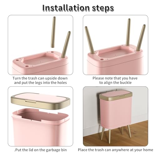 Procade Bathroom Trash Can with Lid,4 Gallon Gold and Pink Garbage Can,Slim | Tall Plastic Trash Bin with Legs and Press Top Lid,Narrow cute Small Waste Basket for Room, Bedroom,Office,Kitchen,RV,Laundry