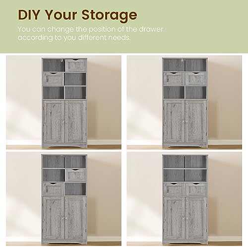 Iwell Storage Cabinet with 2 Drawers & Adjustable Shelf, Tall Bathroom Cabinet with Doors, Cupboard, Kitchen Cabinets for Living Room, Dining Room, Entryway, Grey