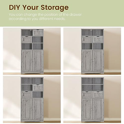 Iwell Storage Cabinet with 2 Drawers & Adjustable Shelf, Tall Bathroom Cabinet with Doors, Cupboard, Kitchen Cabinets for Living Room, Dining Room, Entryway, Grey