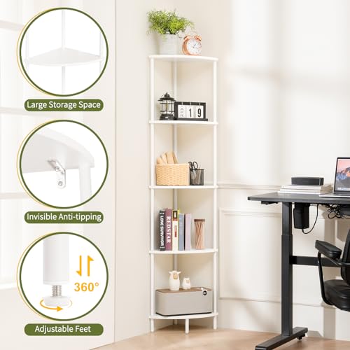 Yoobure Corner Shelf Stand, 5-Tier Bookshelf, 65" Tall Shelves for Bedroom, Living Room, Narrow Display Shelf Bookcase, White Book Shelf with Display Shelves for Office
