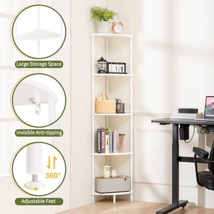 Yoobure Corner Shelf Stand, 5-Tier Bookshelf, 65" Tall Shelves for Bedroom, Living Room, Narrow Display Shelf Bookcase, White Book Shelf with Display Shelves for Office