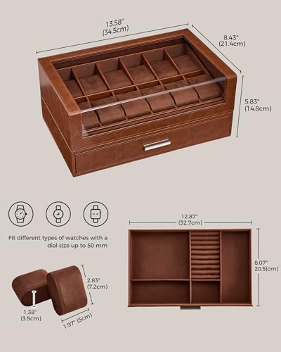 ProCase Watch Box for Men, 12 Slots Watch Display Holder -Brown | Clear Acrylic Top, Large Capacity PU Leather Case with Drawer Organizer, Jewelry Storage, Ideal Gift for Men Women