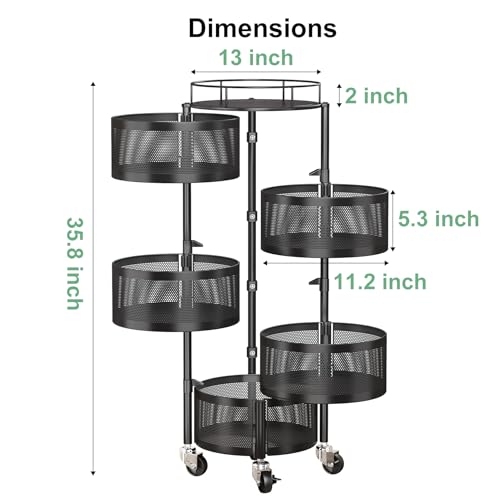SAYZH 5 Tier Fruit Vegetable Basket Stand for Kitchen, Rotating, Black | Rolling Storage Cart with top lid, Large Metal Wire Rack for Potato and Onion Storage