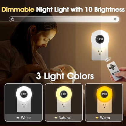 One Fire 【2 Pack】 Bathroom Clock,10 Levels Dimmable+3 Light Colors+Remote Shower Clock+Bathroom Shower Timer, 90 Lumen Shower Lights, Aora Night Light, Small Clock Plug in Timer, Dimmable Night Light
