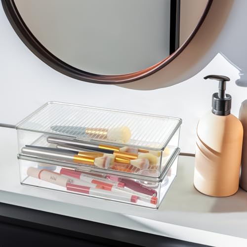 ZEXALOR Pack of 2 Clear Storage Bins with Lids, Small Storage Containers Boxes with Lids, Dresser Organizer, Tea Bag Organizer, Freezer Bin, Plastic Drawer Organizers (10.6×6.1×2.3“)