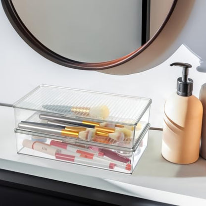 ZEXALOR Pack of 2 Clear Storage Bins with Lids, Small Storage Containers Boxes with Lids, Dresser Organizer, Tea Bag Organizer, Freezer Bin, Plastic Drawer Organizers (10.6×6.1×2.3“)