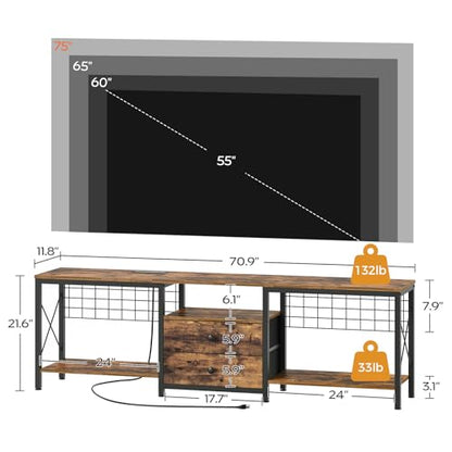 TV Stand with Power Outlet Up to 75 Inch, Entertainment Center with 2 Fabric Drawers, TV Console Table with Open Storage Shelves for TVs, Cable Management, for Living Room, Bedroom, DS18UBRY1