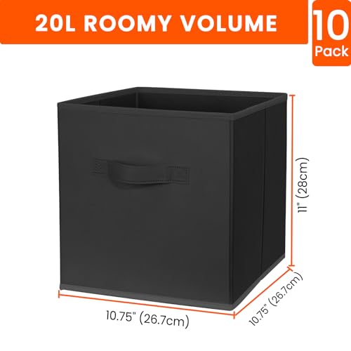 Storage Cubes, 11 Inch Clothes Storage Bins for Shelves Closet (10 Pack), Fabric Collapsible Storage Bins with Dual Handles, Cubby Storage Baskets for Magazines, Dorm Essentials (Black)