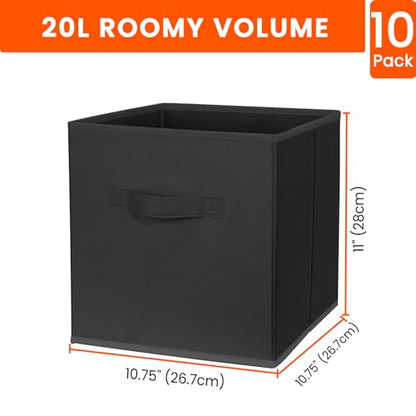 Storage Cubes, 11 Inch Clothes Storage Bins for Shelves Closet (10 Pack), Fabric Collapsible Storage Bins with Dual Handles, Cubby Storage Baskets for Magazines, Dorm Essentials (Black)