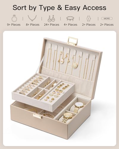 VLANDO Jewelry Organizer, 2-Layer Design with Tray and Watch Pillow,Toffee | Generous Space Stores All Kinds of Jewelry Tidily,Elegant Look Serves as a Nice Birthday and Holiday Gift for Ladies