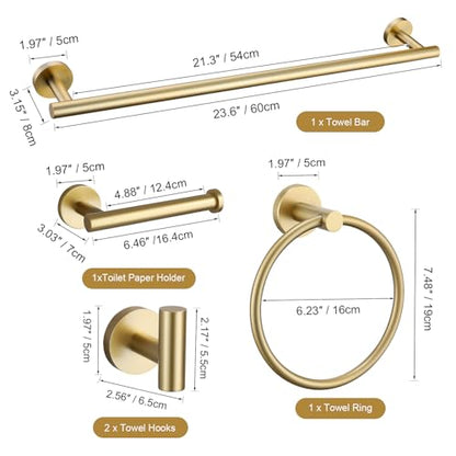 TURS Brushed Gold 5 Piece Bathroom Hardware Set, SUS304 Stainless Steel 24 Inch Bath Towel Bar Set, Round Bathroom Accessories Kit Wall Mounted
