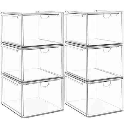 6-Pack Stackable Acrylic Storage Drawers, Small | Smooth-glide drawers, stackable, clear body, dustproof, wipe clean, 6 small, for art tools, makeup, under sink, pantry