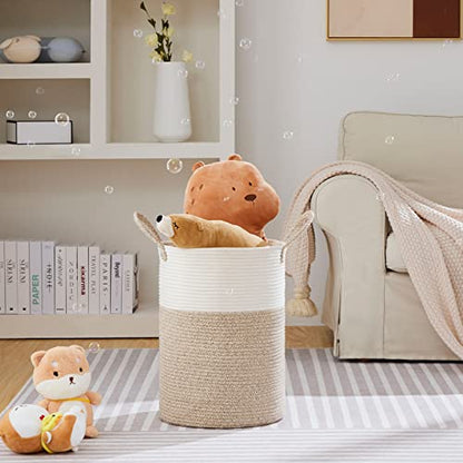 Tall Woven Laundry Basket Hamper 58L, White Brown