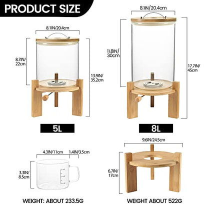 Rice Dispenser, Rice Storage Container：Flour and Cereal Container with Airtight Lid and Wooden Stand, Glass Food Storge Container for Kitchen Organization and Pantry Store (5L)