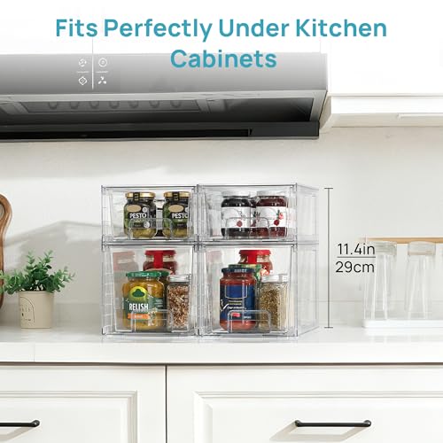Vtopmart Clear Stackable Storage Drawers, 4 Pack Kitchen Cabinet Set | Medium and Small Pull-Out PET Drawers with Stackable Design for Kitchen Cabinets, Pantry, Under Sink, Medicine