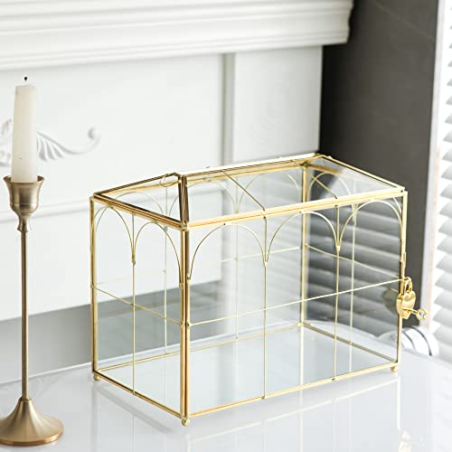 Glass Card Box with Slot, 10.2 inch Large Gold Clear Card Box for Wedding Receptions, Decorative Storage Box with Lock for Baby Shower, Birthday Party, Bridal Shower