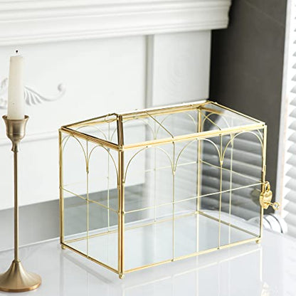 Glass Card Box with Slot, 10.2 inch Large Gold Clear Card Box for Wedding Receptions, Decorative Storage Box with Lock for Baby Shower, Birthday Party, Bridal Shower