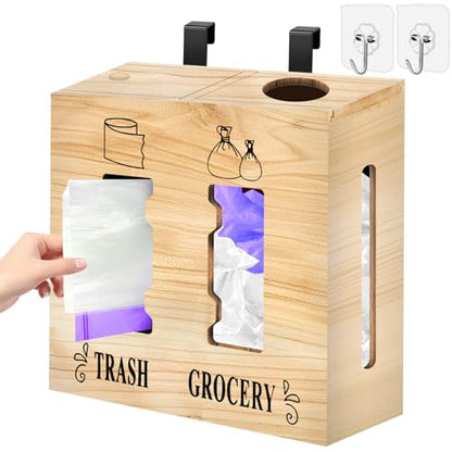 2 in 1 Trash Bag Dispenser and Grocery Bag Holder, Large Wooden Plastic Bag Holder, Wall Mount Trash Bags Holder for Grocery and Plastic Bags, Kitchen and Laundry Room Organization