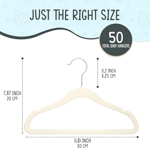 50 Premium Baby Velvet Hangers - 11.8" Non-Slip, Ultra-Slim Space-Saving Children Closet Hangers - 360° Swivel Hook, Strong & Durable Infant & Toddler Clothes Hangers for Wardrobe - Ivory