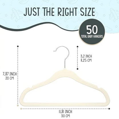 50 Premium Baby Velvet Hangers - 11.8" Non-Slip, Ultra-Slim Space-Saving Children Closet Hangers - 360° Swivel Hook, Strong & Durable Infant & Toddler Clothes Hangers for Wardrobe - Ivory