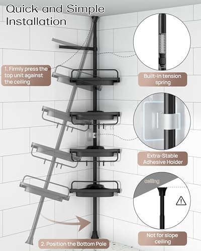 ALLZONE Corner Shower Caddy Tension Pole, Extendable Rustproof Stainless Steel Pole & 4-Tier Adjustable Shelves for Easy Drainage and Built-to-Last Stability, 34 to 116 Inches, Black