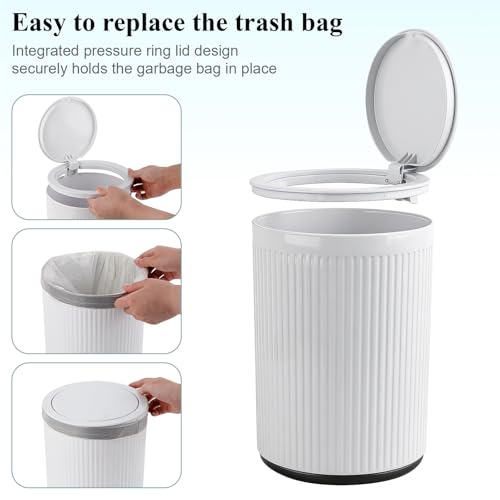 Small Bathroom Trash Can with Lid 2.1 Gallon Plastic Garbage Can White | Sturdy Stylish Decor Trash Bin with Trash Bags Round Wastebasket with Pop-Up Lid for Kitchen Bedroom Office College Dorm