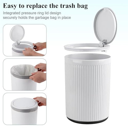 Small Bathroom Trash Can with Lid 2.1 Gallon Plastic Garbage Can White | Sturdy Stylish Decor Trash Bin with Trash Bags Round Wastebasket with Pop-Up Lid for Kitchen Bedroom Office College Dorm