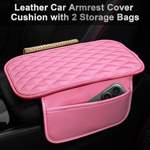 CAR PASS 3D Rhombus Leather Steering Wheel Cover Car Accessories Set, Comfortable Center Console Armrest Cushion with Storage Bags 2 Non-Slip Cup Coasters, 14.5-15in Cute Car Interior Sets, 4 PCS Pink