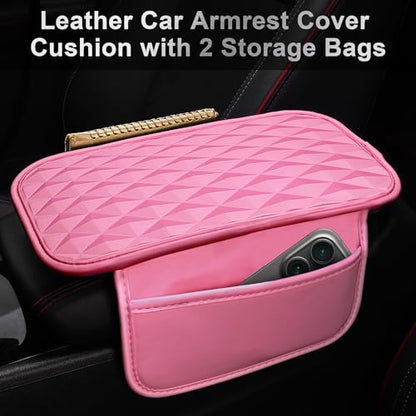 CAR PASS 3D Rhombus Leather Steering Wheel Cover Car Accessories Set, Comfortable Center Console Armrest Cushion with Storage Bags 2 Non-Slip Cup Coasters, 14.5-15in Cute Car Interior Sets, 4 PCS Pink