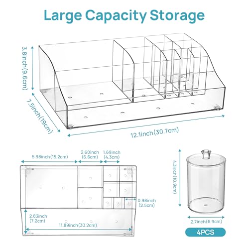 Vtopmart 5 PCS Bathroom Countertop Organizer Sets | 1 Divided Tray, 4 Qtip Holder Jars, Clear, For Toothbrush, Cotton Pads, for bathroom countertop