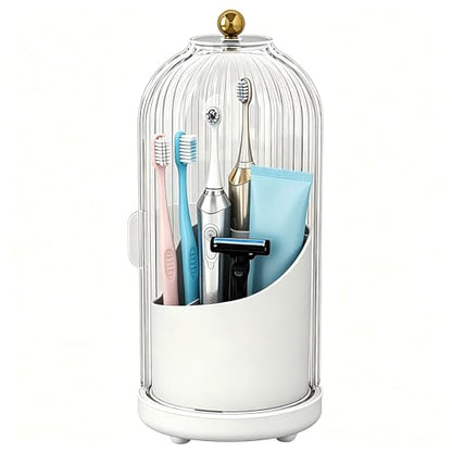 JEESA Dustproof Toothbrush Holder Organizer with Drainage, White | Sliding Door Cover, 360 Rotating, 3 Slots, Bathroom Countertop