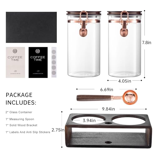 Glass Coffee Canister Set with Wooden Shelf, 2 Pack 45oz Airtight Food Storage Containers with Lids & Spoons, Large nisters for Coffee Beans, Sugar, Tea, Nuts