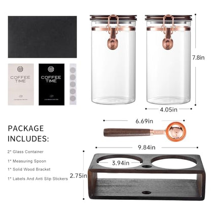 Glass Coffee Canister Set with Wooden Shelf, 2 Pack 45oz Airtight Food Storage Containers with Lids & Spoons, Large nisters for Coffee Beans, Sugar, Tea, Nuts