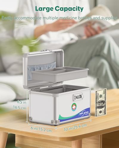 Uniclife Medicine Lock Box,10x6x6.5 in, Medication Lock Box With Code | Security combination lock, robust aluminum construction, portable carry handle, removable ABS tray, ideal for home & office