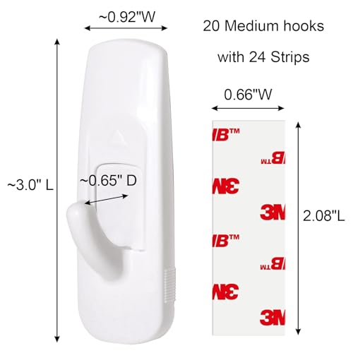 20 Medium Hooks for Hanging, Adhesive Wall Strips Hooks Heavy Duty, no Damage Sticky Utility with 24 Strips for Bathroom Towel，Coat，Door，Key