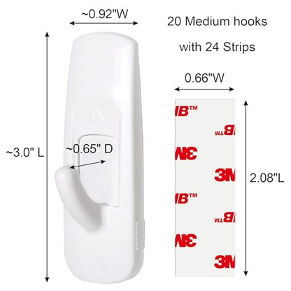 20 Medium Hooks for Hanging, Adhesive Wall Strips Hooks Heavy Duty, no Damage Sticky Utility with 24 Strips for Bathroom Towel，Coat，Door，Key
