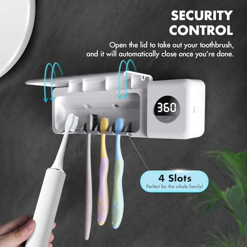 Auntyfey Sanitizeri Toothbrush Holder, Sanitizeri Toothbrush Cleaner, 2000mAh Rechargeable Cordless Wall Mounted Holders for Bathroom, 4 Slots & Timer Function, White