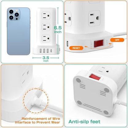 Power Strip with 12 Outlets 4 USB (1 USB C), 6.5Feet Extension Cord with Multiple Outlets, Charging Station, Power Strip Tower, Home Office Desk Supplies