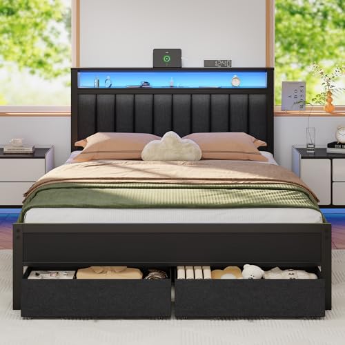 Queen Bed Frame with Storage Drawers and Upholster... (Black Oak)