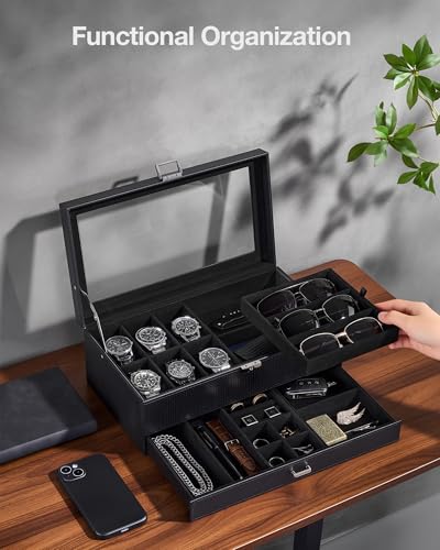 ProCase Mens Jewelry Box,6 Slot Watch Box & 3 Slot Sunglass Holder-AllBlack | 2-layer Lockable Sunglasses Jewelry Organizer Storage for Men, Watch Display Case with Drawer, Clear Lid, Father Gift