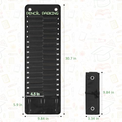 32-Pocket Pencil Parking for Classroom, Hanging Pencil Holder Wall Organizer | Numbered Portable Pencil Parking Pocket Chart, Pencil Holder for Classroom Organization, School Storage Supplies (Black)