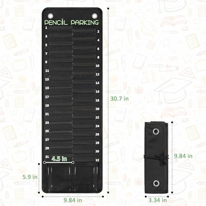 32-Pocket Pencil Parking for Classroom, Hanging Pencil Holder Wall Organizer | Numbered Portable Pencil Parking Pocket Chart, Pencil Holder for Classroom Organization, School Storage Supplies (Black)